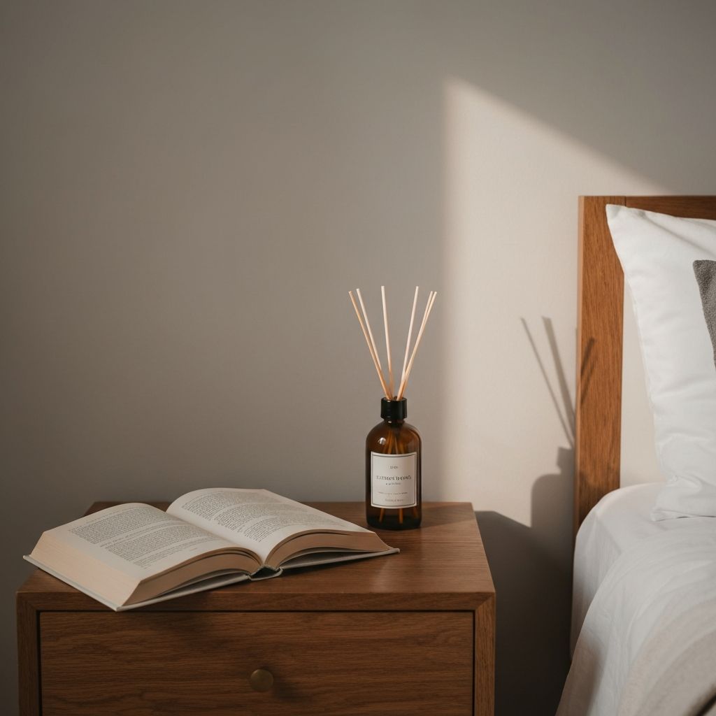 Raumspray und Duftstöbchen auf Nachttisch neben Buch