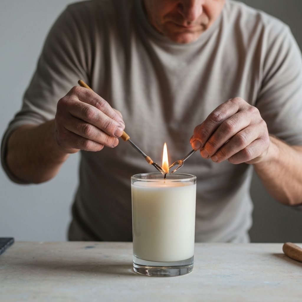Fertige Kerze wird inspiziert, Docht gekürzt und Etikett angebracht