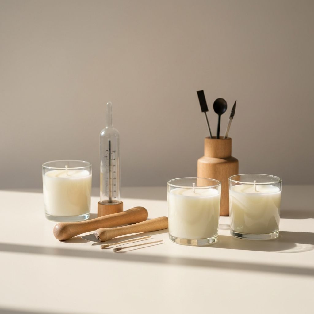 Studiowerkbank mit handgegossenen Kerzen und Duftzubehör